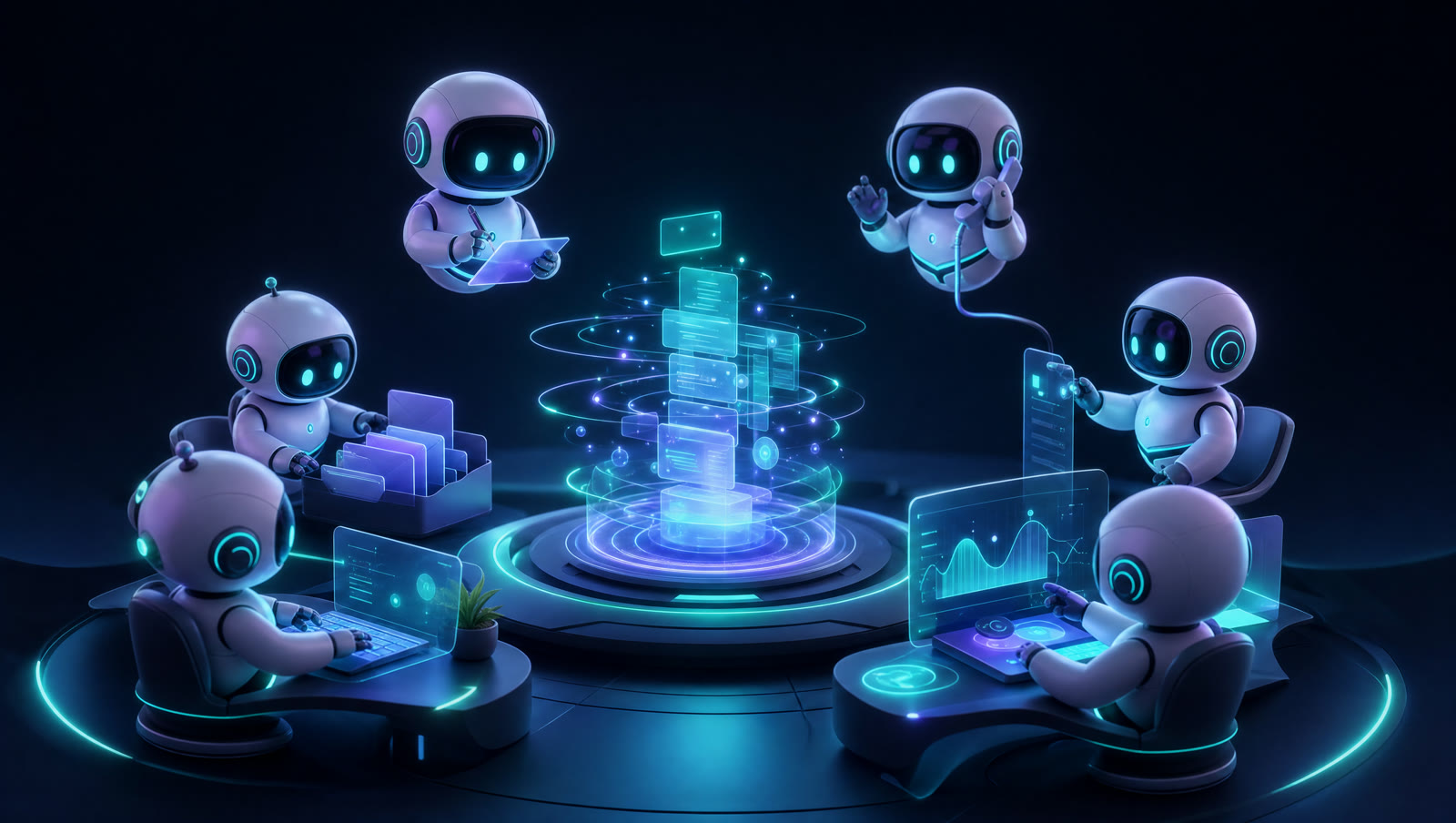 Illustration of six luminous AI assistant figures collaborating around a glowing workspace hub